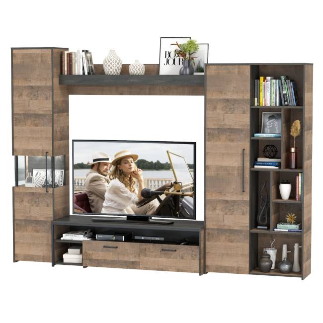 Стенка для гостиной в лофт стиле Трувор № 19 цвет дуб гранж песочный/интра