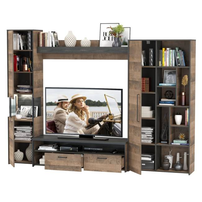 Стенка для гостиной в лофт стиле Трувор № 19 цвет дуб гранж песочный/интра