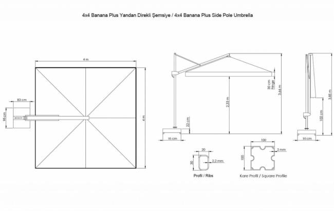Зонт профессиональный без плит 4х4 м Banana Plus Dickson черный, бежевый 4000х4000 мм