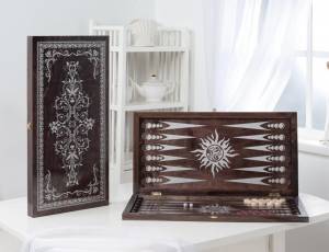 Нарды средние венге, рисунок серебро "Герб" 142-17