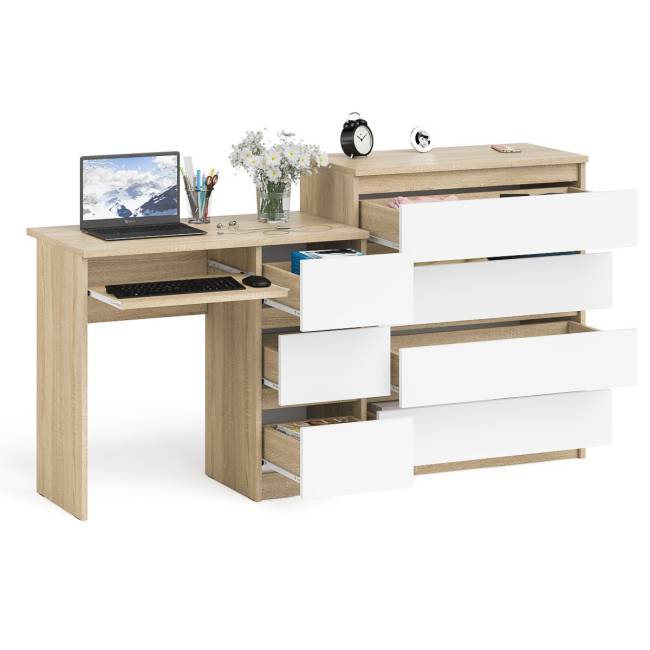 Стол компьютерный с ящиками МС-6 правый с комодом МК800 4 ящика Мори цвет дуб сонома/белый Стол компьютерный с ящиками МС-6 правый с комодом МК800 4 ящика Мори цвет дуб сонома/белый