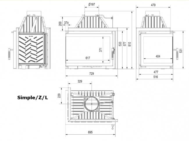 Топка Kratki SIMPLE/Z/S/L/BS, угловое стекло слева
