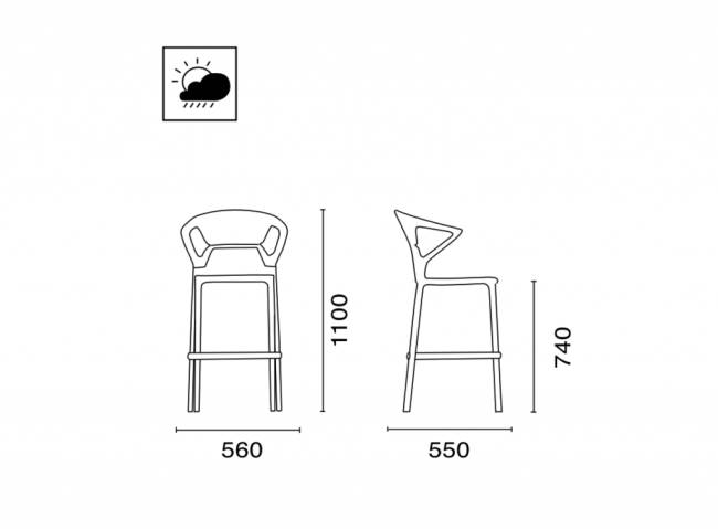 Кресло пластиковое барное Ego-K Bar сатинированный алюминий, антрацит матовый, черный 560х550х1100 мм