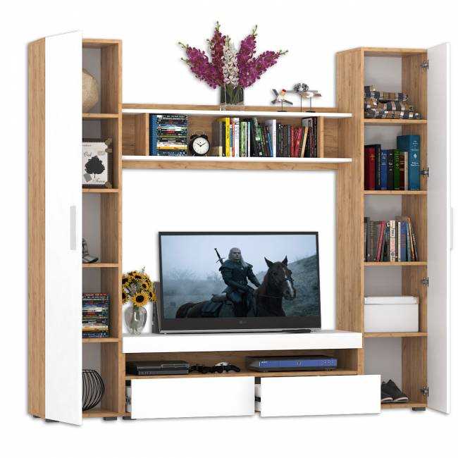 Стенка для гостиной Альба № 1 цвет дуб крафт золотой/белый премиум Стенка для гостиной Альба № 1 цвет дуб крафт золотой/белый премиум