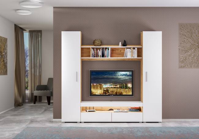 Стенка для гостиной Альба № 1 цвет дуб крафт золотой/белый премиум Стенка для гостиной Альба № 1 цвет дуб крафт золотой/белый премиум