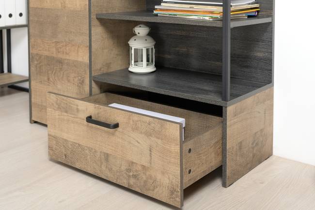 Стеллаж 13.151.02 с комодом с ящиком и дверкой Трувор цвет дуб гранж песочный/интра Стеллаж 13.151.02 с комодом с ящиком и дверкой Трувор цвет дуб гранж песочный/интра