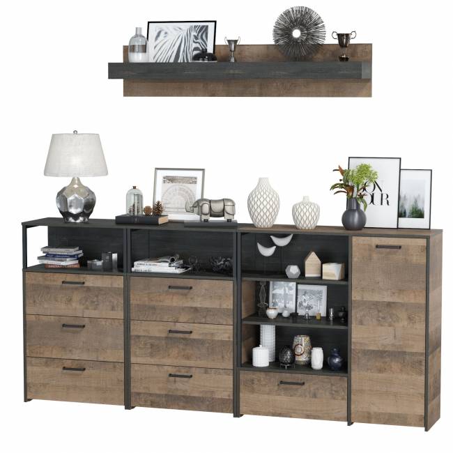 Два комода с ящиками с навесной полкой и комод с ящиком и дверкой в гостиную Трувор цвет дуб гранж песочный/интра Два комода с ящиками с навесной полкой и комод с ящиком и дверкой в гостиную Трувор цвет дуб гранж песочный/интра