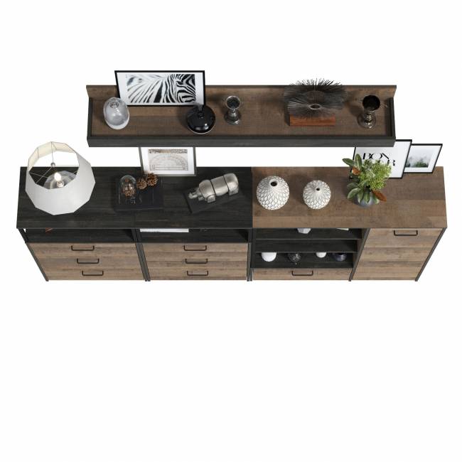 Два комода с ящиками с навесной полкой и комод с ящиком и дверкой в гостиную Трувор цвет дуб гранж песочный/интра Два комода с ящиками с навесной полкой и комод с ящиком и дверкой в гостиную Трувор цвет дуб гранж песочный/интра