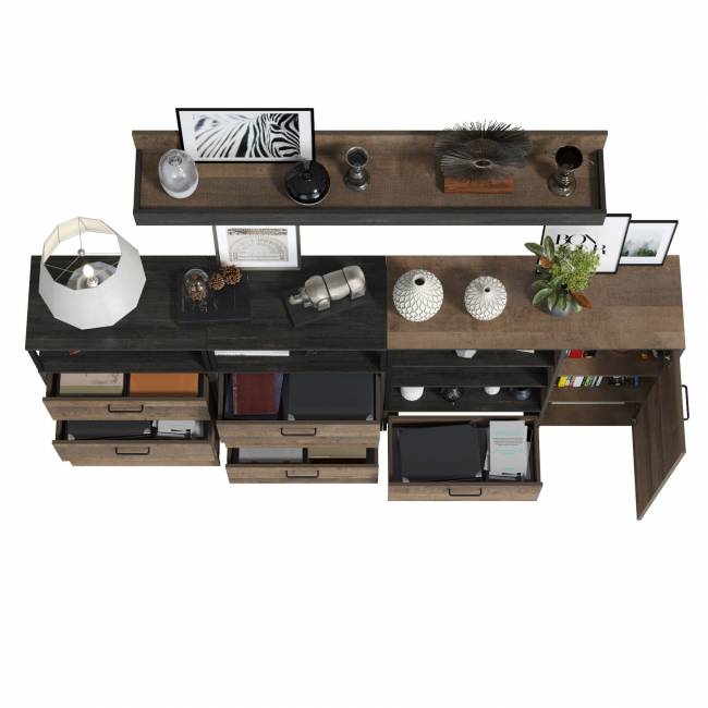 Два комода с ящиками с навесной полкой и комод с ящиком и дверкой в гостиную Трувор цвет дуб гранж песочный/интра Два комода с ящиками с навесной полкой и комод с ящиком и дверкой в гостиную Трувор цвет дуб гранж песочный/интра