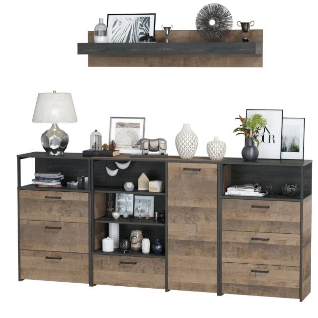 Два комода с ящиками с навесной полкой и комод с ящиком и дверкой в гостиную Трувор цвет дуб гранж песочный/интра Два комода с ящиками с навесной полкой и комод с ящиком и дверкой в гостиную Трувор цвет дуб гранж песочный/интра