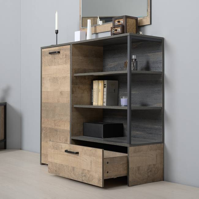 Два комода с ящиками с навесной полкой и комод с ящиком и дверкой в гостиную Трувор цвет дуб гранж песочный/интра Два комода с ящиками с навесной полкой и комод с ящиком и дверкой в гостиную Трувор цвет дуб гранж песочный/интра